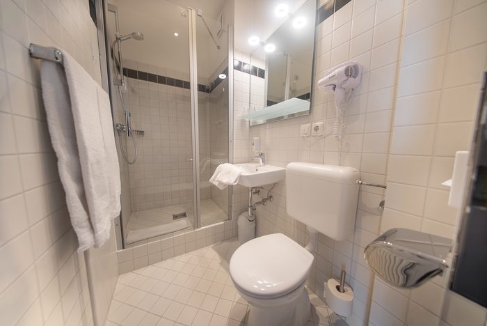 Badezimmer mit Dusche, WC und Waschbecken